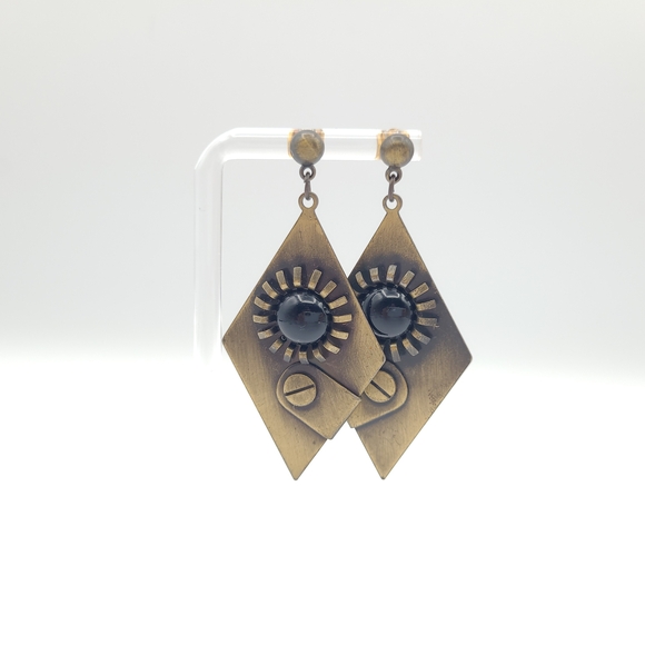 Art Deco with a Steam Punk Vibe -  Gold and Black Geometric Earrings - Picture 2 of 10